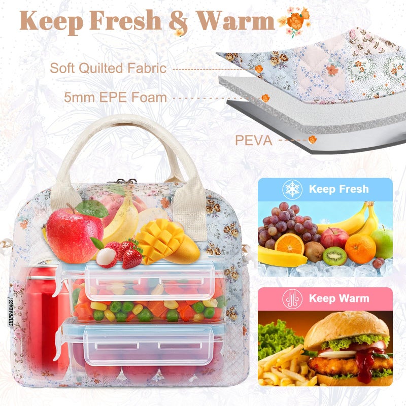 shiprabags Quilted Lunch Box for Women, Large Insulated Lunch Bag for Adult,Elegant Blue Floral Cute Portable Tote Bags for Work Travel Beach Picnic(Blue Patchwork,M) - Image 5