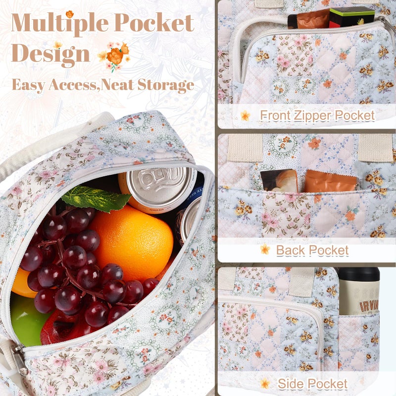 shiprabags Quilted Lunch Box for Women, Large Insulated Lunch Bag for Adult,Elegant Blue Floral Cute Portable Tote Bags for Work Travel Beach Picnic(Blue Patchwork,M) - Image 4