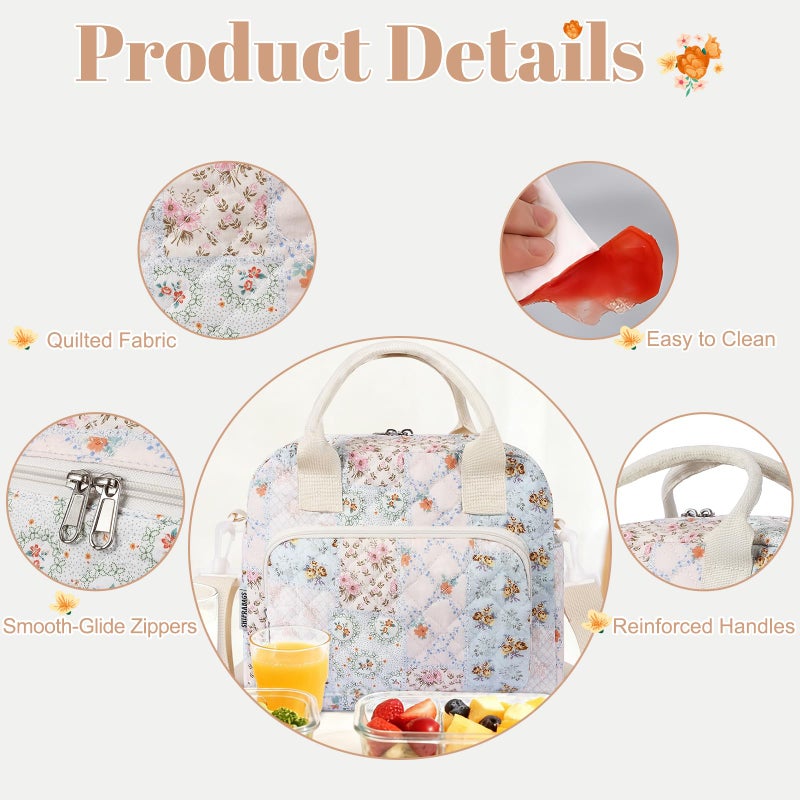 shiprabags Quilted Lunch Box for Women, Large Insulated Lunch Bag for Adult,Elegant Blue Floral Cute Portable Tote Bags for Work Travel Beach Picnic(Blue Patchwork,M) - Image 3