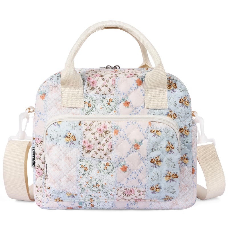 shiprabags Quilted Lunch Box for Women, Large Insulated Lunch Bag for Adult,Elegant Blue Floral Cute Portable Tote Bags for Work Travel Beach Picnic(Blue Patchwork,M) - Image 1