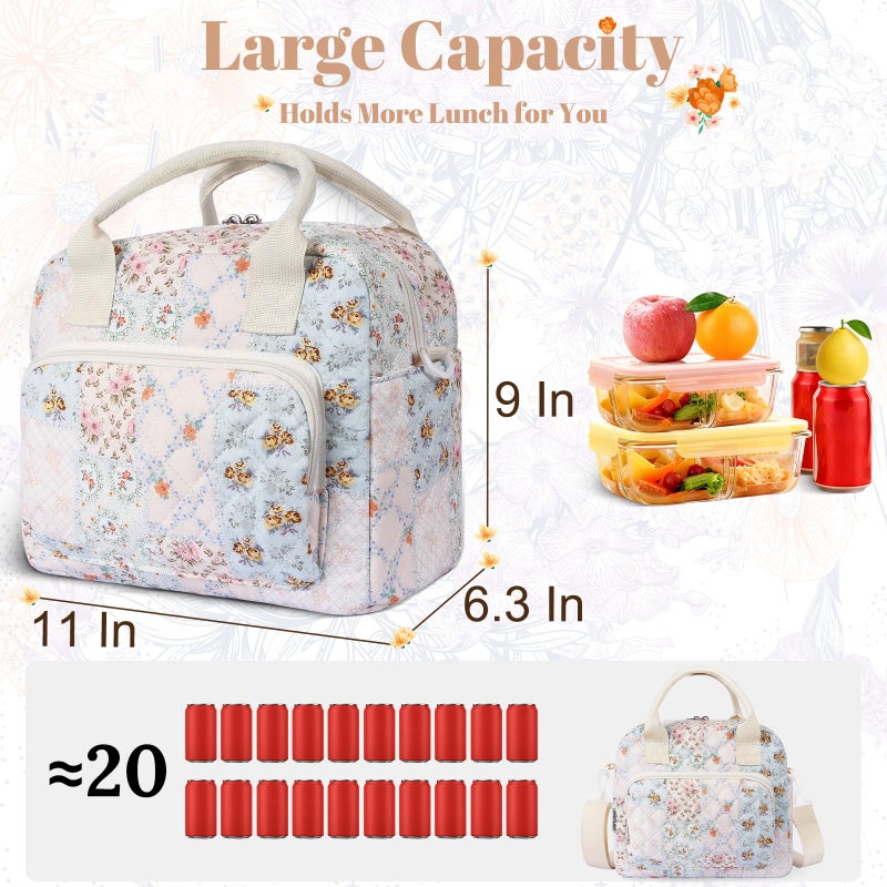 shiprabags Quilted Lunch Box for Women, Large Insulated Lunch Bag for Adult,Elegant Blue Floral Cute Portable Tote Bags for Work Travel Beach Picnic(Blue Patchwork,M) - Image 2