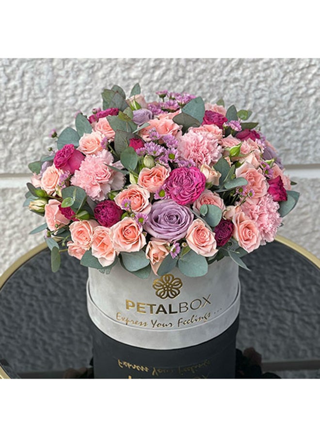 Mixed Roses, Baby Roses, Carnations, Purple Santini And Eucalyptus