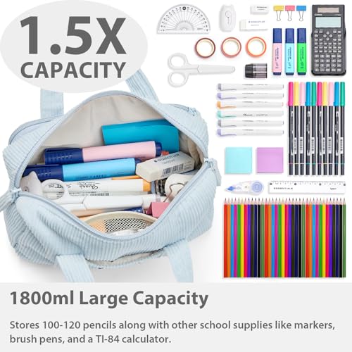 SPACEMATE Pencil Case Pouch Box Bag School Supplies Girls Boys Kids, Cute Preppy Stuff Large Big Capacity Aesthetic Pen Organizer, Back to College Stationary, Baby Blue, Corduroy Style, 1800ml - Image 2