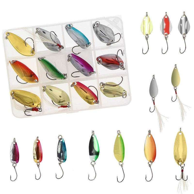 Croch Fishing Spoon Lure Set Metal Baits for Trout, Char and Perch Fishing with Tackle Box (Pack of 12) - Image 1
