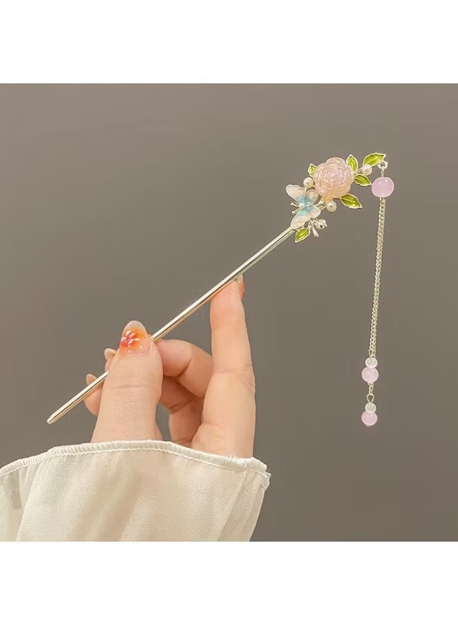 Rose Flower Tassel Hairpin - Elegant Modern Chinese Style for Kids, Simple and Chic with Butterfly Design