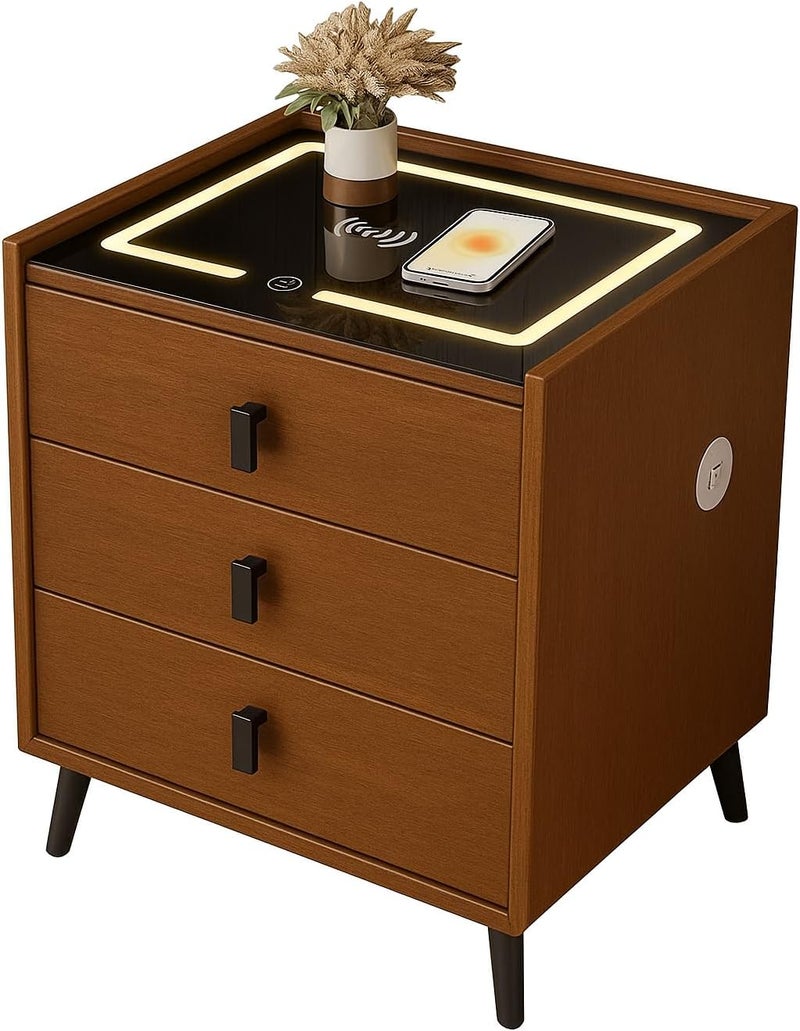 Harmony Homes طاولة جانبية ذكية من هارموني هوم مع شحن لاسلكي، منافذ USB ومكبر صوت بلوتوث – طاولة سرير حديثة مع 3 أدراج وإضاءة LED قابلة للتعديل – طاولة جانبية لغرفة النوم وغرفة المعيشة – بني - Image 4