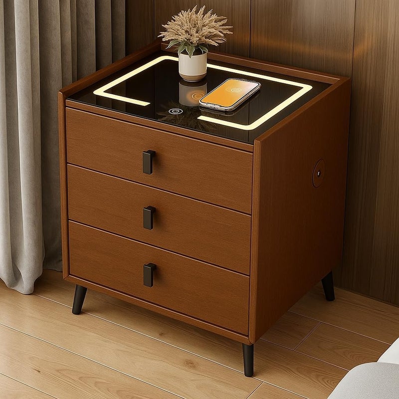 Harmony Homes طاولة جانبية ذكية من هارموني هوم مع شحن لاسلكي، منافذ USB ومكبر صوت بلوتوث – طاولة سرير حديثة مع 3 أدراج وإضاءة LED قابلة للتعديل – طاولة جانبية لغرفة النوم وغرفة المعيشة – بني - Image 2