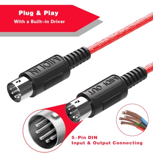 FORE MIDI to USB Interface MIDI Cable Adapter with Input&Output Work with Keyboard/Synthesizer/MIDI Deivce Compatible with iOS&Android, Windows/Mac OS for Studio USB 2.0 Color Red - 6.5Ft - Image 4