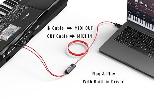 FORE MIDI to USB Interface MIDI Cable Adapter with Input&Output Work with Keyboard/Synthesizer/MIDI Deivce Compatible with iOS&Android, Windows/Mac OS for Studio USB 2.0 Color Red - 6.5Ft - Image 2