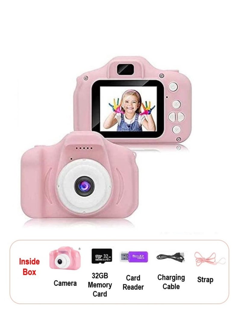 لعبة كاميرا رقمية للأطفال مع بطاقة ذاكرة وقارئ بطاقات سعة 32 جيجابايت (وردي)، هدايا للأطفال الأولاد والبنات، كاميرا رقمية صغيرة قابلة لإعادة الشحن من السيليكون مقاومة للصدمات للأطفال - Image 1