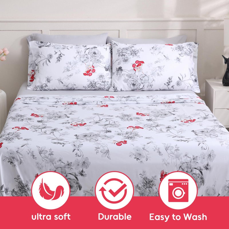 LONAVA Floral King Size Bed Sheet Set, 6 Piece, Deep Pocket Light Grey Fitted Sheet, Comfy & Breathable Patterned Flat Sheets, Premium Microfiber, Crimson Flower Printed - Image 5