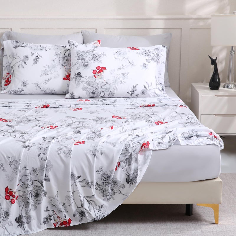 LONAVA Floral King Size Bed Sheet Set, 6 Piece, Deep Pocket Light Grey Fitted Sheet, Comfy & Breathable Patterned Flat Sheets, Premium Microfiber, Crimson Flower Printed - Image 1