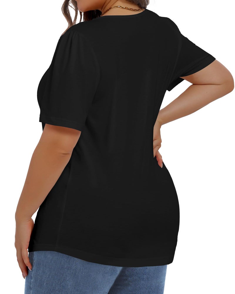 JOELLYUS Plus Size Tops for Women Pleated Summer Top Trendy Short Sleeve Shirts Casual Basic Tee Crew Neck Blouses (Black, 3XL) - Image 4