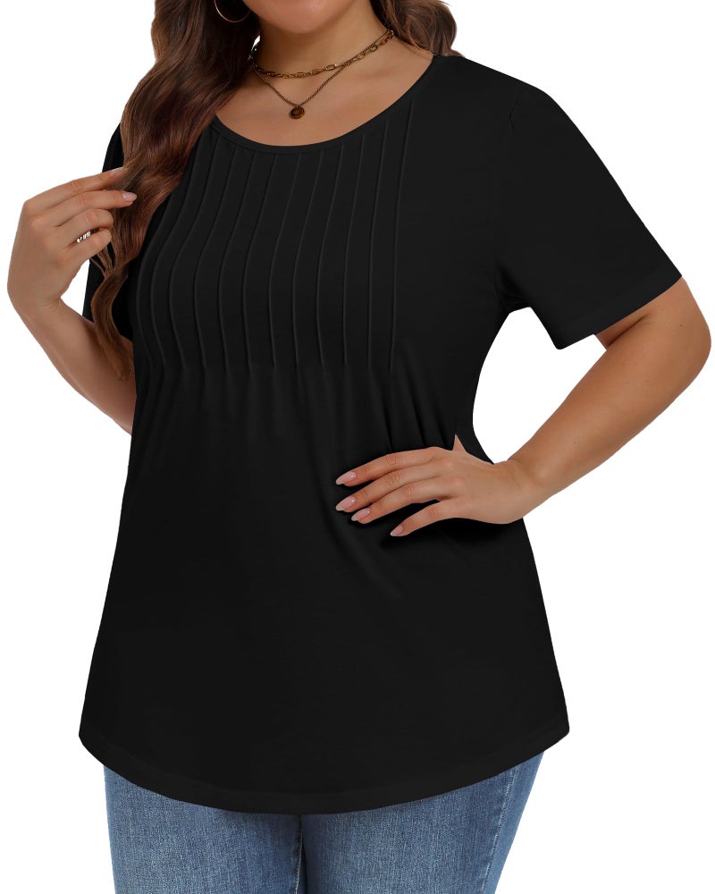JOELLYUS Plus Size Tops for Women Pleated Summer Top Trendy Short Sleeve Shirts Casual Basic Tee Crew Neck Blouses (Black, 3XL) - Image 2
