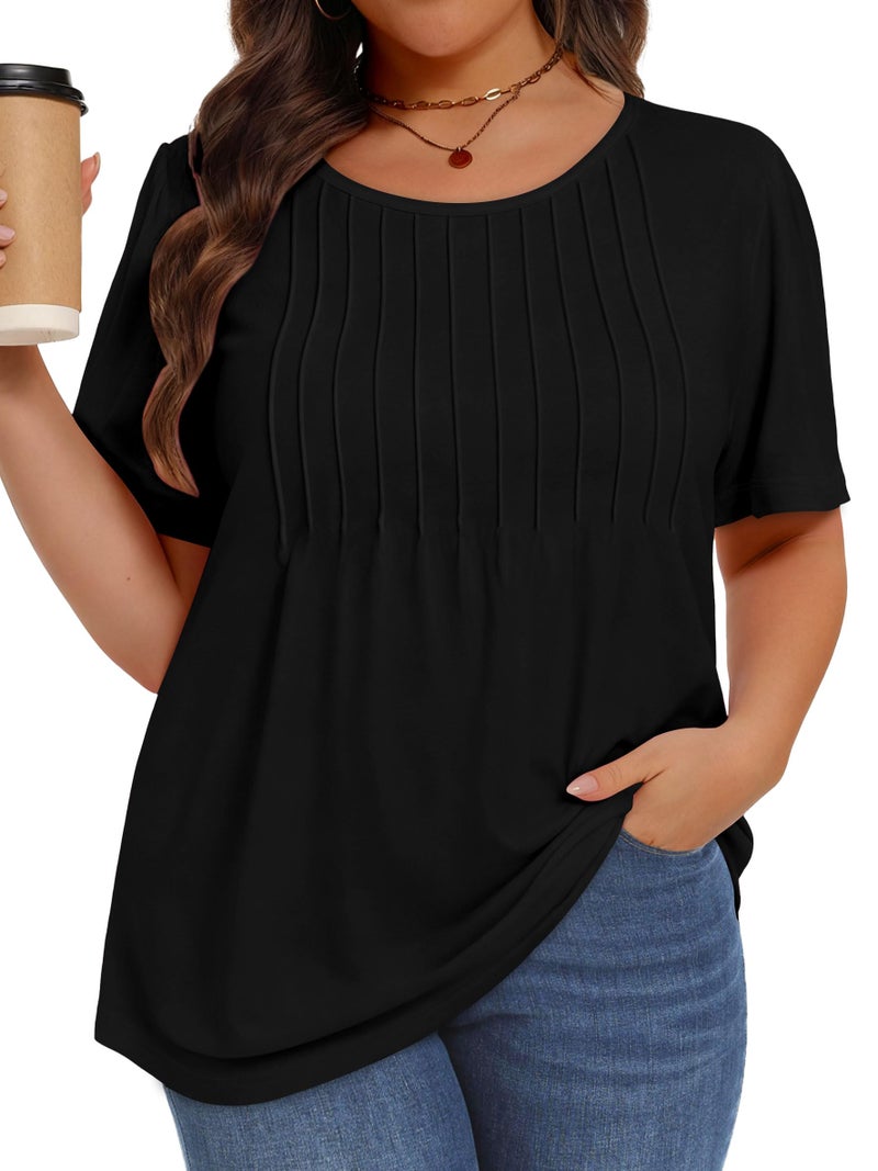 JOELLYUS Plus Size Tops for Women Pleated Summer Top Trendy Short Sleeve Shirts Casual Basic Tee Crew Neck Blouses (Black, 3XL) - Image 1