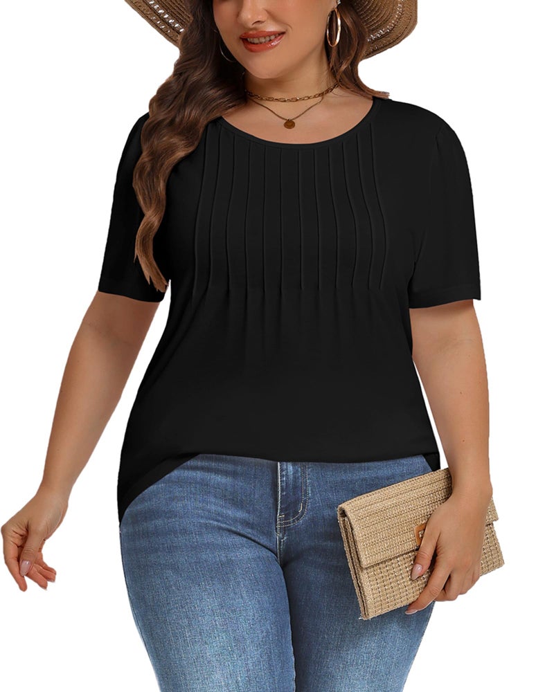 JOELLYUS Plus Size Tops for Women Pleated Summer Top Trendy Short Sleeve Shirts Casual Basic Tee Crew Neck Blouses (Black, 3XL) - Image 3