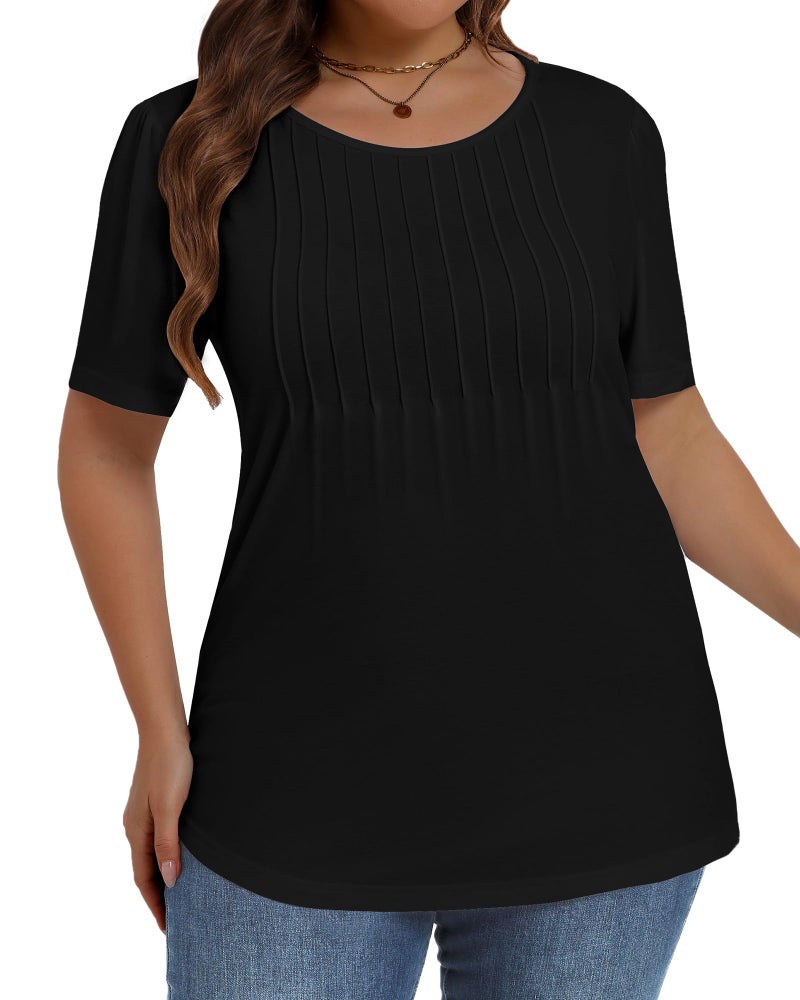 JOELLYUS Plus Size Tops for Women Pleated Summer Top Trendy Short Sleeve Shirts Casual Basic Tee Crew Neck Blouses (Black, 3XL) - Image 5