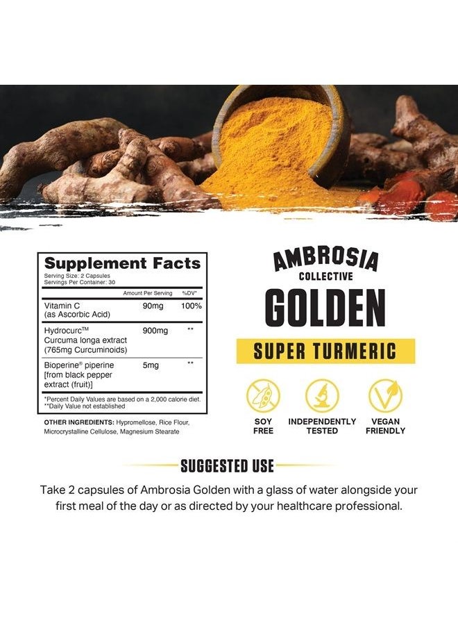 Ambrosia - Golden Super Turmeric | Bioavailable Curcumin | Support Healthy Gut & Brain Health | Joint Support | 765mg of Active Curcuminoids | 60 Veggie Capsules (30 Day Supply) - Image 1