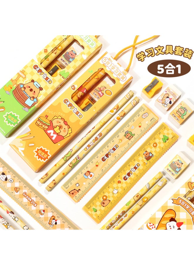 HELPS Kapibala Five-in-one Pencil Stationery Set Children's Five-piece Prize Ruler Eraser Set Gift Box - Image 3