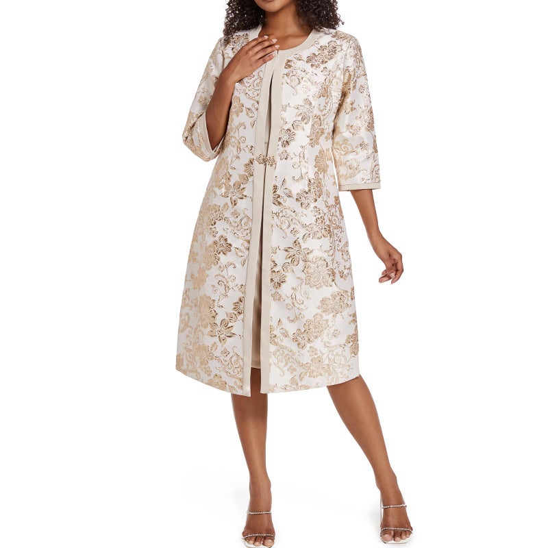 WTJIAPAI Women's Two Piece Dress Church Suits Mother Gift Special Occasion Wedding Party Jacquard Embroidery Long Jacket Church Set Beige - Image 1
