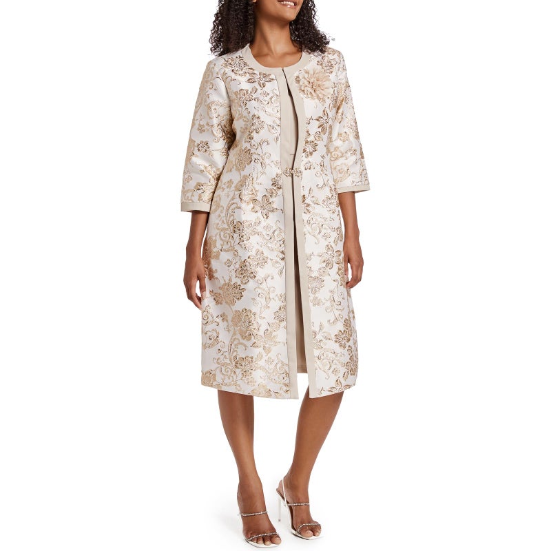 WTJIAPAI Women's Two Piece Dress Church Suits Mother Gift Special Occasion Wedding Party Jacquard Embroidery Long Jacket Church Set Beige - Image 2