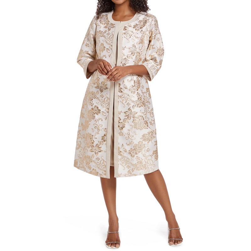 WTJIAPAI Women's Two Piece Dress Church Suits Mother Gift Special Occasion Wedding Party Jacquard Embroidery Long Jacket Church Set Beige - Image 5