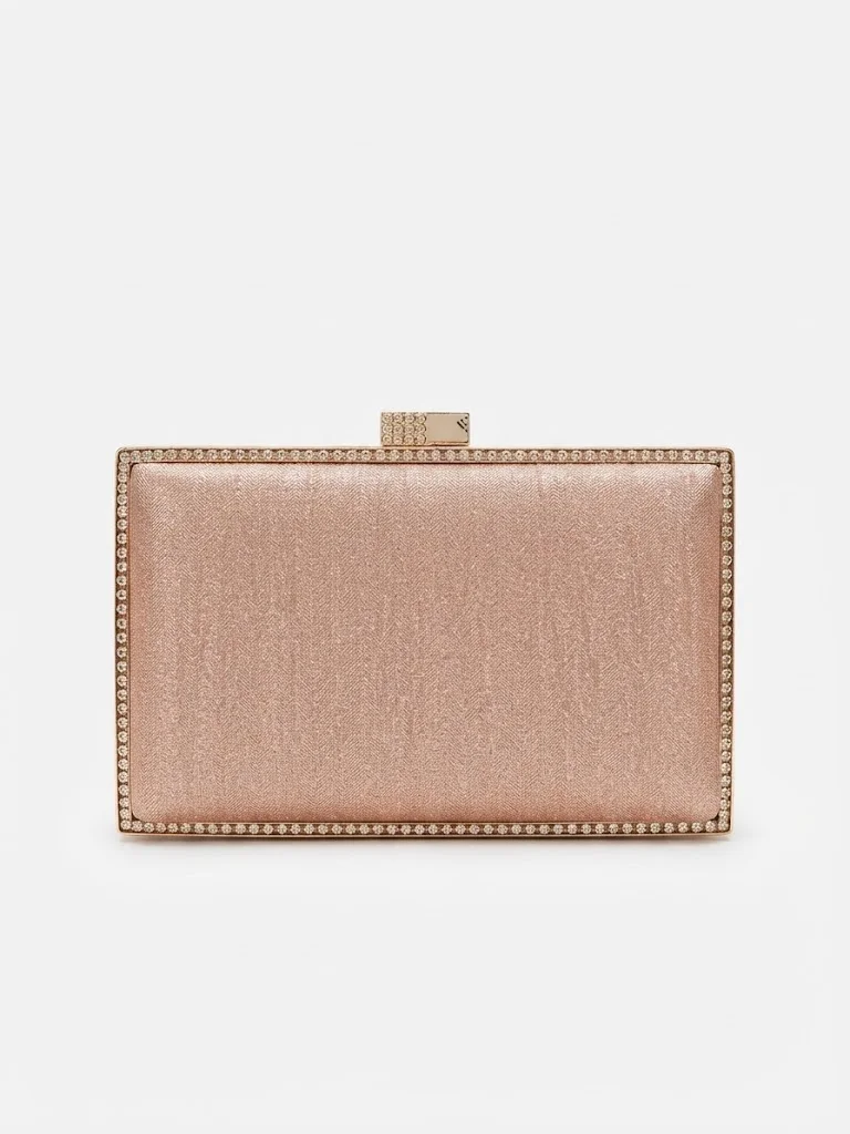 Viny Women's Crystal Trim Box Clutch Bag – Rectangular Hard Shell Evening Bag with Jewel Clasp & Detachable Chain Strap
