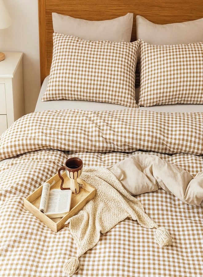 DANGANEN Tan Duvet Cover Set Full Size Khaki Beige Checkered Plaid Comforter Cover Modern Bedding Set 3Pcs Soft Breathable Microfiber Lightweight Cozy Quilt Set Farmhouse Bedroom Decor Gifts for Girls Boys - Image 3