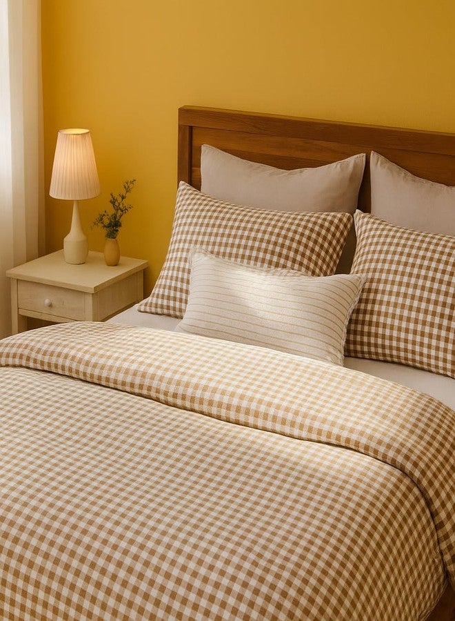 DANGANEN Tan Duvet Cover Set Full Size Khaki Beige Checkered Plaid Comforter Cover Modern Bedding Set 3Pcs Soft Breathable Microfiber Lightweight Cozy Quilt Set Farmhouse Bedroom Decor Gifts for Girls Boys - Image 5