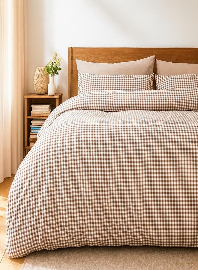 DANGANEN Tan Duvet Cover Set Full Size Khaki Beige Checkered Plaid Comforter Cover Modern Bedding Set 3Pcs Soft Breathable Microfiber Lightweight Cozy Quilt Set Farmhouse Bedroom Decor Gifts for Girls Boys - Image 1