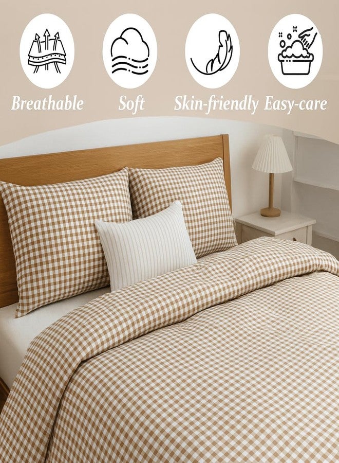 DANGANEN Tan Duvet Cover Set Full Size Khaki Beige Checkered Plaid Comforter Cover Modern Bedding Set 3Pcs Soft Breathable Microfiber Lightweight Cozy Quilt Set Farmhouse Bedroom Decor Gifts for Girls Boys - Image 2