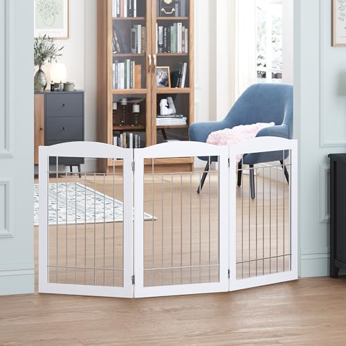 Spirich Freestanding Wire Pet Gate for Dogs Tall Dog Gate for The Houes Doorway Stairs Pet Puppy Safety Gate with Sliver Wire 60 Inches Extra Wide 30 Inches Tall 3 Panels White