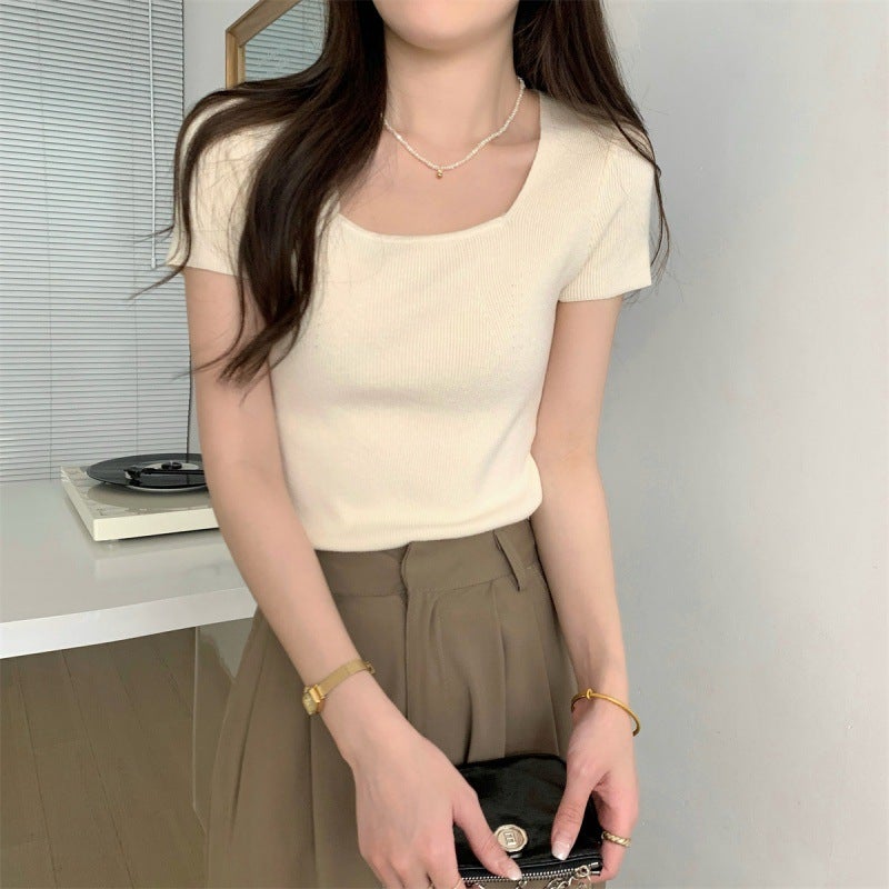 Women'S Collarbone Internet Popular Ins Super Popular Retro Square Neck Short-Sleeved Heart Design T-Shirt T-Shirt - Image 1