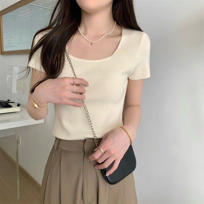Women'S Collarbone Internet Popular Ins Super Popular Retro Square Neck Short-Sleeved Heart Design T-Shirt T-Shirt - Image 2