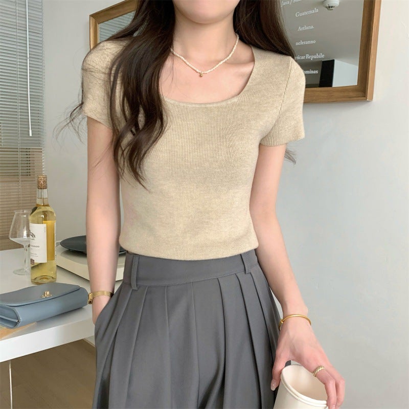 Women'S Collarbone Internet Popular Ins Super Popular Retro Square Neck Short-Sleeved Heart Design T-Shirt T-Shirt - Image 5