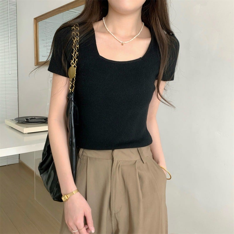 Women'S Collarbone Internet Popular Ins Super Popular Retro Square Neck Short-Sleeved Heart Design T-Shirt T-Shirt - Image 3