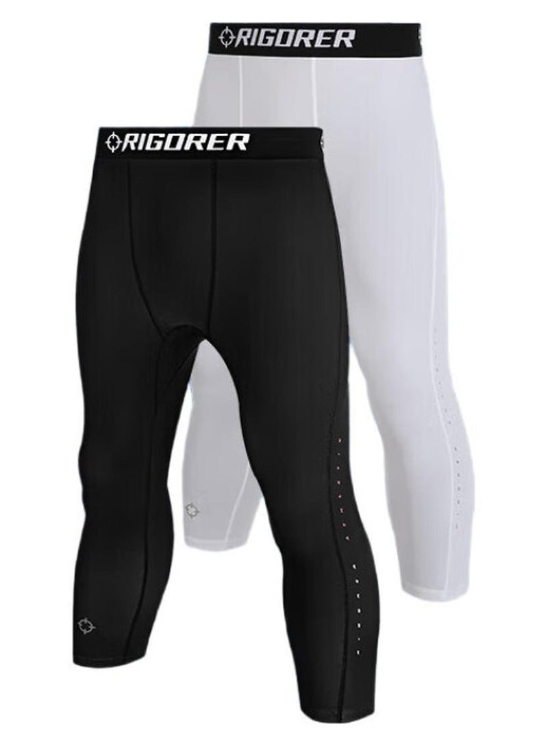 RIGORER  7/8 Compression Pants, Sports Training, Sweat-Wicking, Breathable, Elastic Fitness Pants, Z121211403, Pure Black, L - Image 1