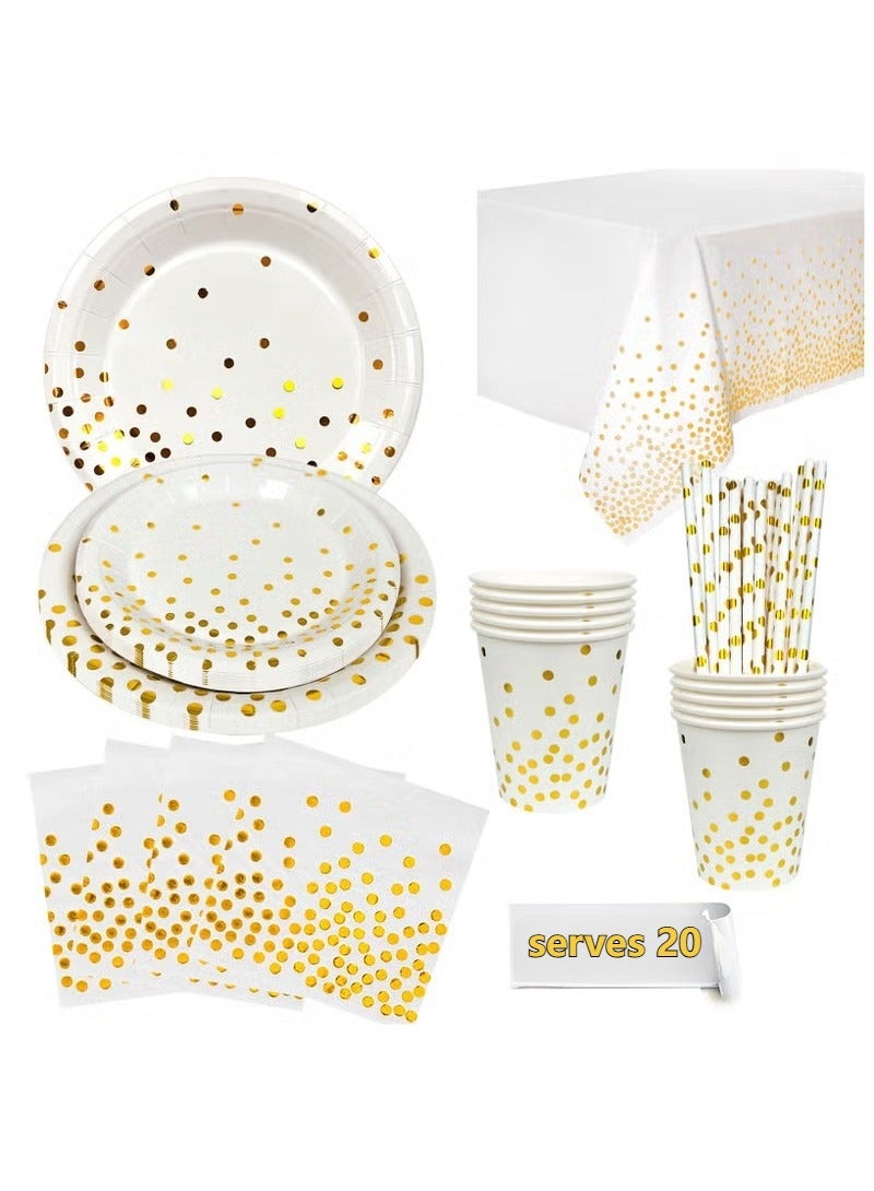 White and Gold Party Disposable Tableware Set for 20 Guests, Gold Paper Plates and Napkins Party Supplies Set Gold Dot Tablecloth - Image 1