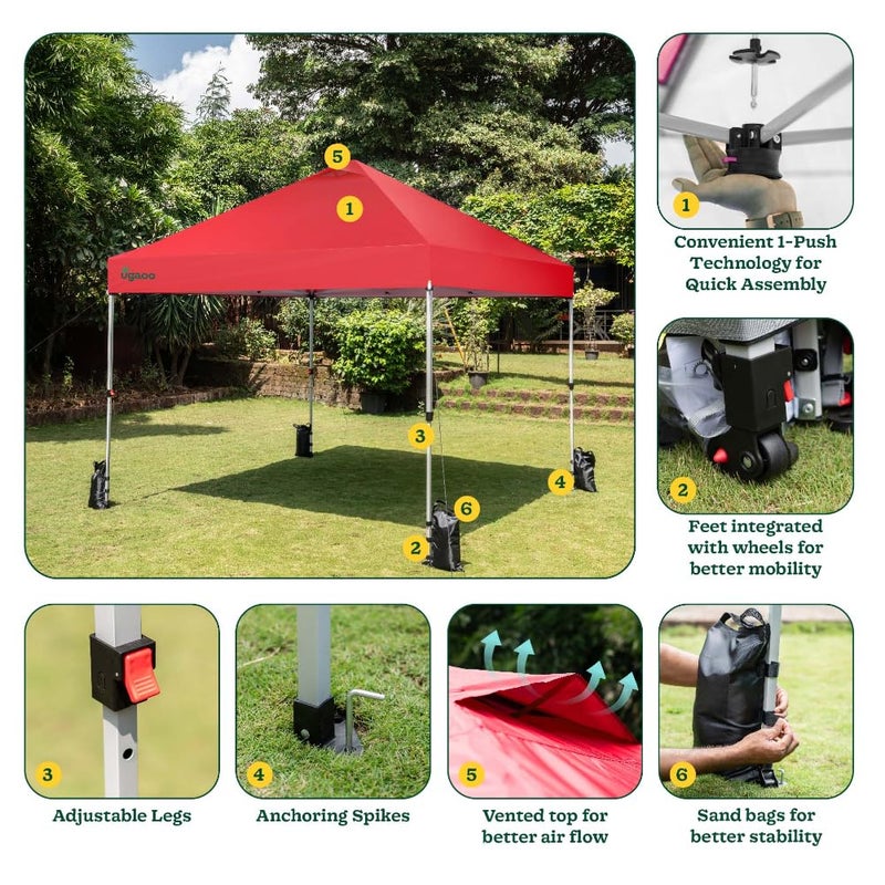 Ugaoo Ugaoo 10x10 PopUp GazeboCanopy Tent with One Push Setup Easy Outdoor Sun Shade for Events Parties Camping Gazebo with STONGo Cover Bag Silver Coated Top Red  - Image 4