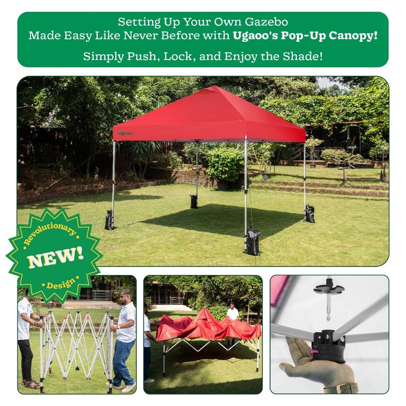 Ugaoo Ugaoo 10x10 PopUp GazeboCanopy Tent with One Push Setup Easy Outdoor Sun Shade for Events Parties Camping Gazebo with STONGo Cover Bag Silver Coated Top Red  - Image 3