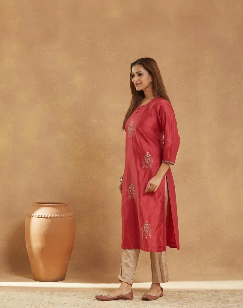 Fabindia  Maroon Cotton Silk Embroidered Long Kurt for Women | Best Price UAE