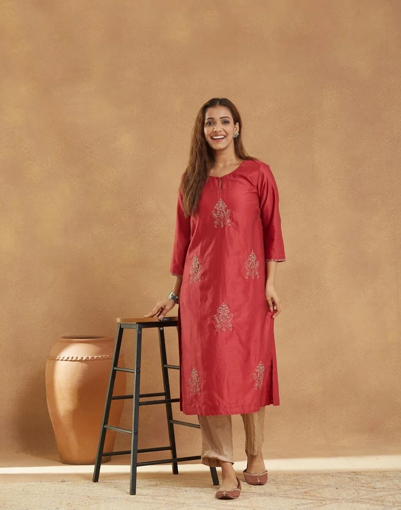 Fabindia Maroon Cotton Silk Embroidered Long Kurt