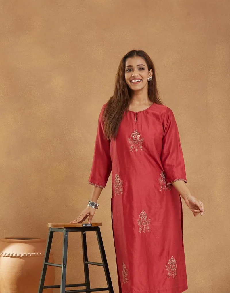 Fabindia  Maroon Cotton Silk Embroidered Long Kurt for Women | Best Price UAE