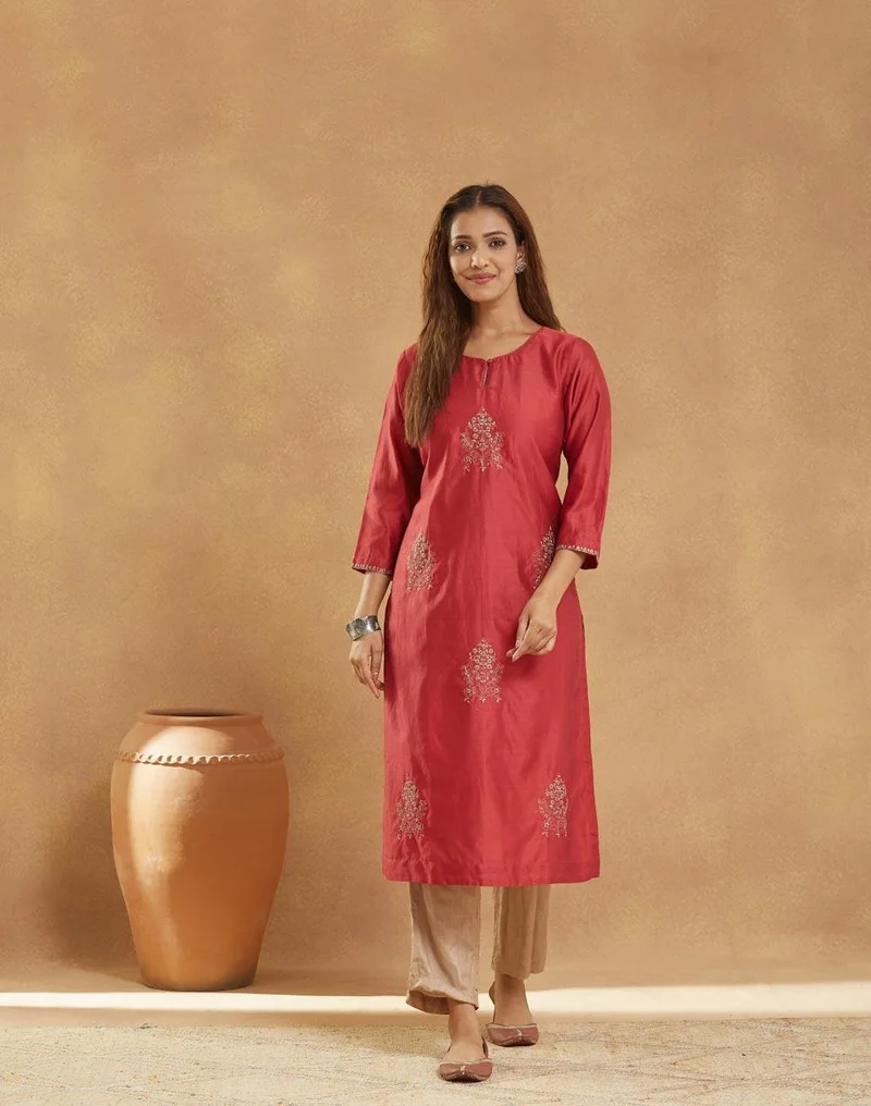 Fabindia Maroon Cotton Silk Embroidered Long Kurt