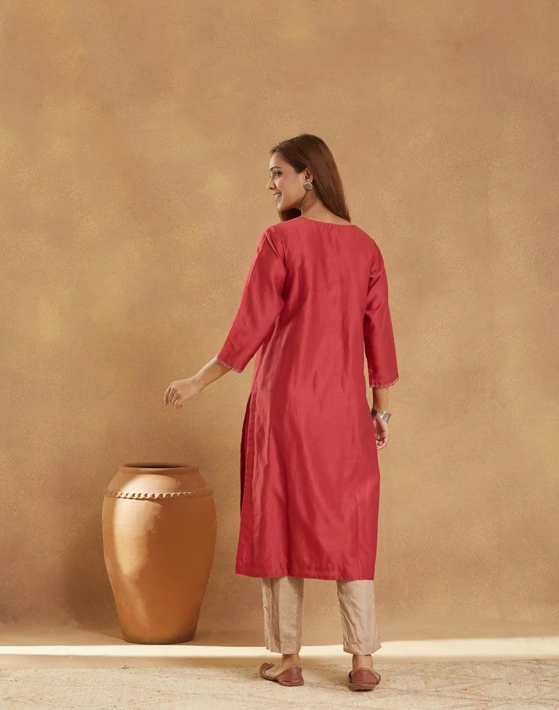 Fabindia  Maroon Cotton Silk Embroidered Long Kurt for Women | Best Price UAE