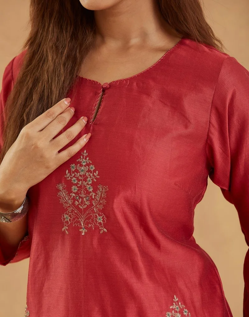 Fabindia  Maroon Cotton Silk Embroidered Long Kurt for Women | Best Price UAE