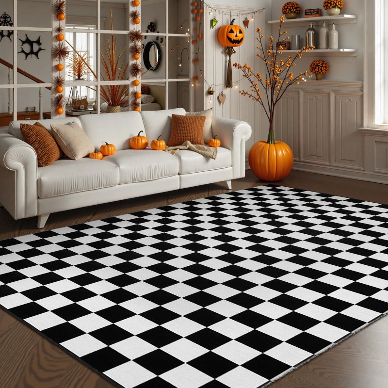 Seavish Checkered Rug, 5x8 Ft Black and White Rug, Retro Moroccan Checkerboard Rugs, Lightweight Outdoor Washable Area Rug, Rustic Floor Carpet Decor for Living Room Bedroom Dining Room Patio - Image 2