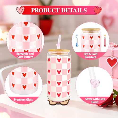 Lingdeer Valentine’s Day Glass Cups with Lids and Straws, Valentines Day Gifts for Her Women Girls Teens Daughters, 16oz Red Heart Iced Coffee Glass Cups Tumbler Mug Decorations Accessories Stuff - Image 5