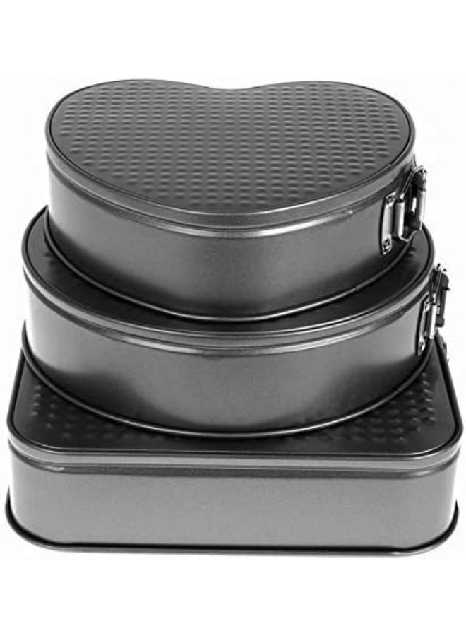 Non-stick cake mold set with removable bases, ready for quick serving, in heart, circle, and square shapes, black - 3-piece set - Image 3