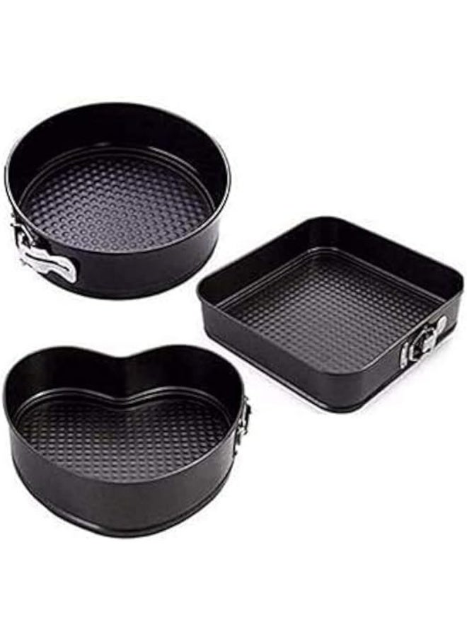 Non-stick cake mold set with removable bases, ready for quick serving, in heart, circle, and square shapes, black - 3-piece set - Image 4